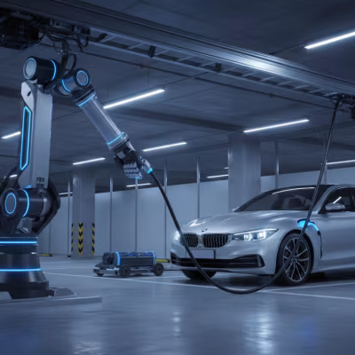 Otoparklarda Elektrikli Araçları Şarj Eden Raylı Robotlar Devrede